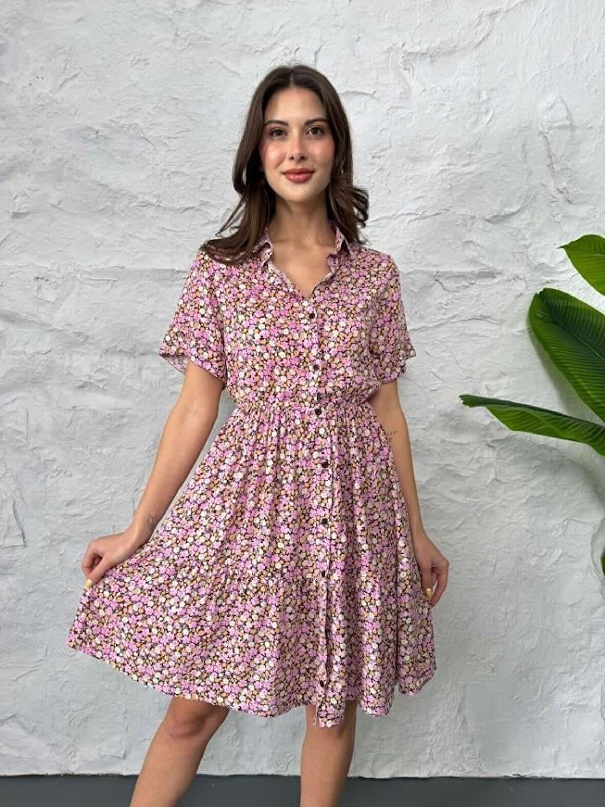 Baskılı Keten Elbise - Lila