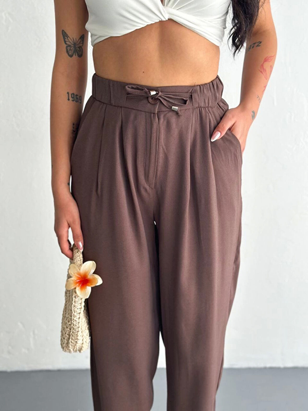 Yüksel Bel Rahat Paça Pantalon - Kahverengi