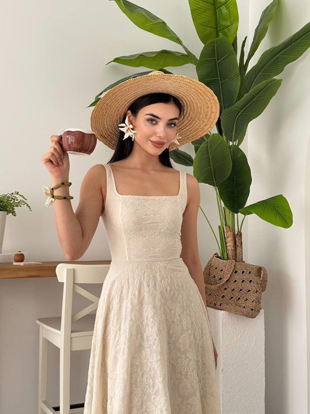 Cuper Çiçek Detaylı Elbise