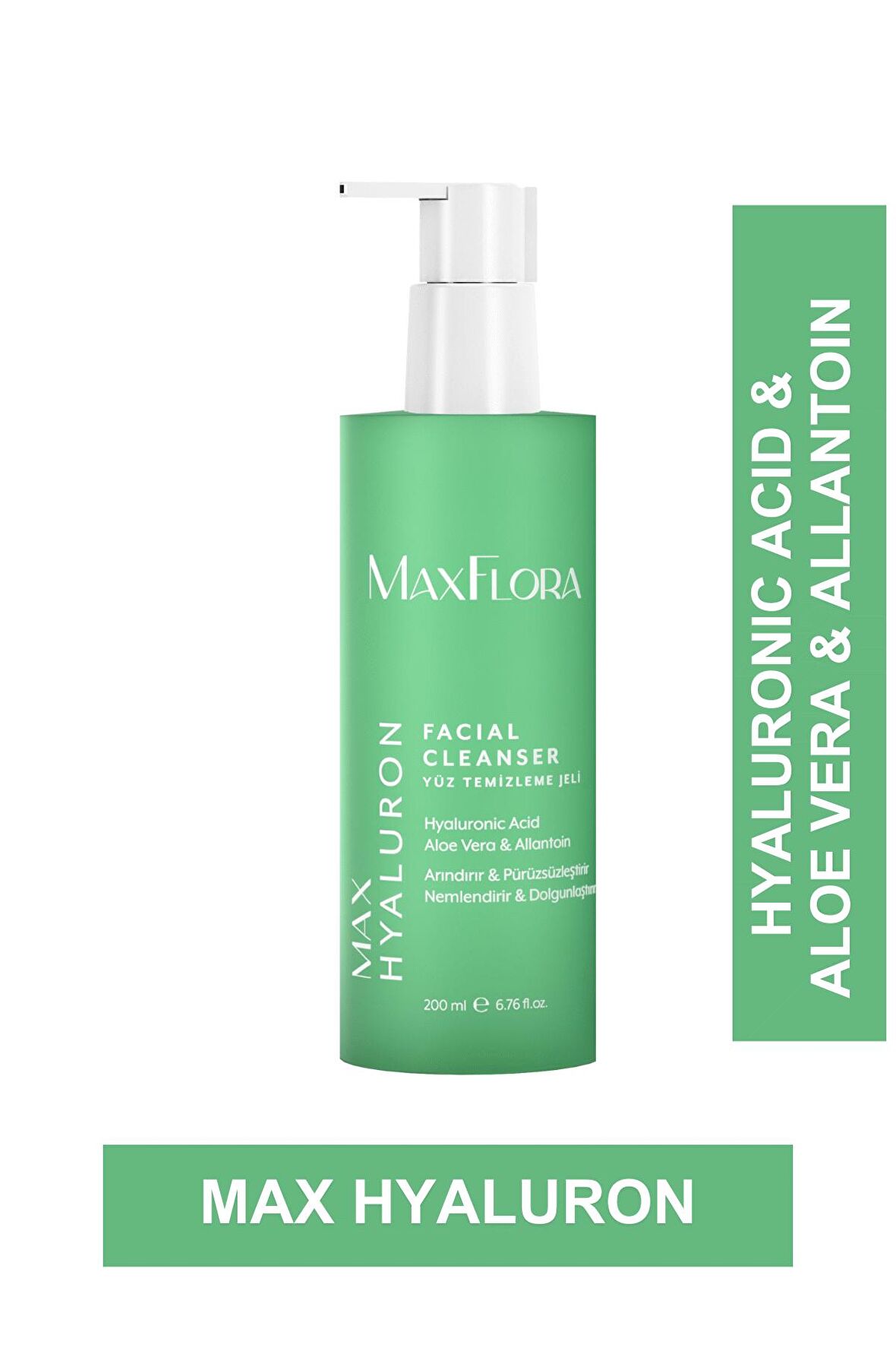 MaxFlora Max Hyaluron, Yüz temizleme Jeli, Arındırıcı, pürüzsüzleştirici, nemlendirici etkili, Hyaluronik asit & Aloe Vera, 200ml