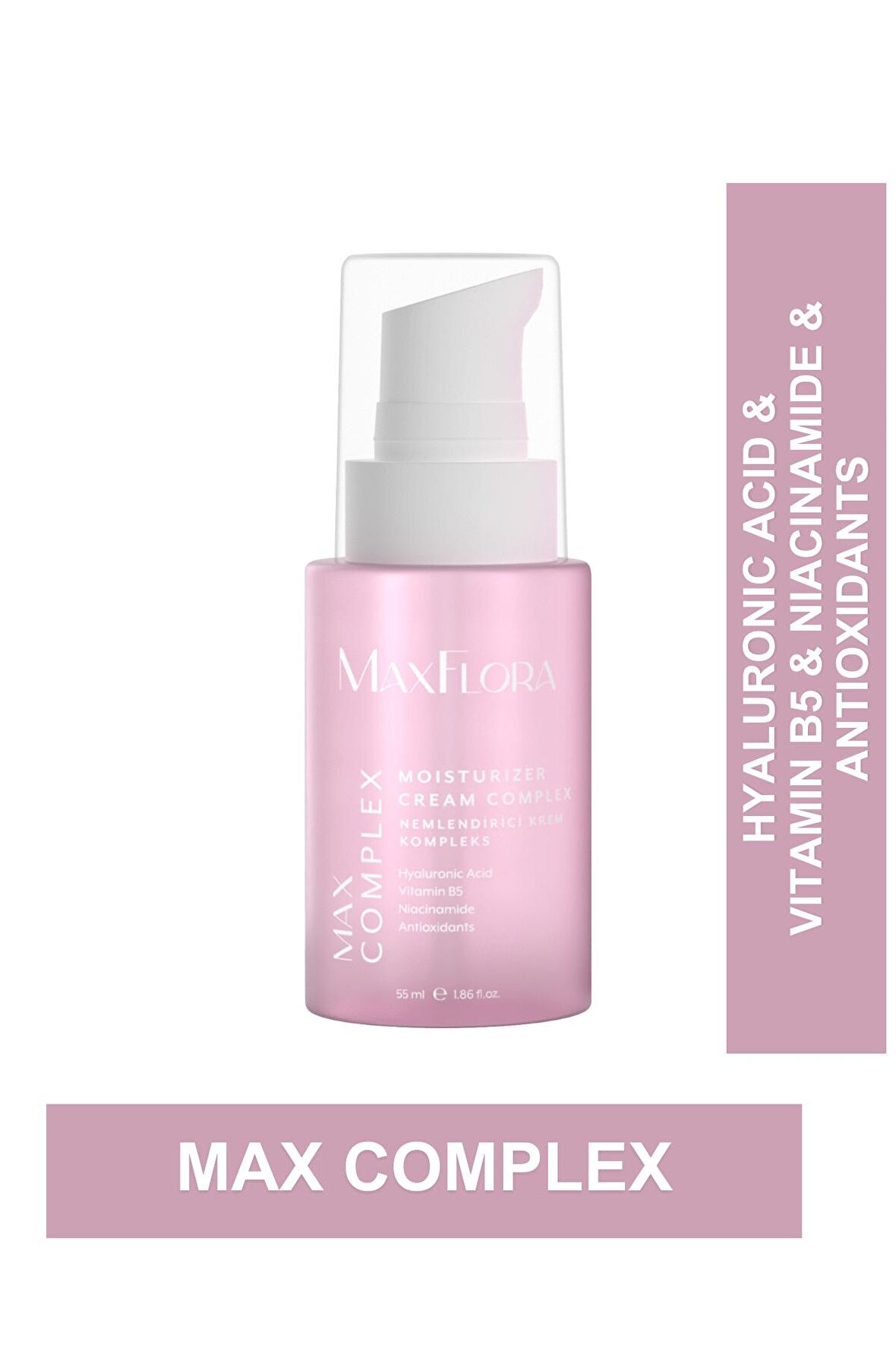 MaxFlora Max Complex Nemlendirici, leke oluşumu önleyici, cilt Yenileyici, Onarıcı cilt bakım kremi, Haluronic Acid &Vitamin B5 & Niacinamide & Antioxidants, 55ml