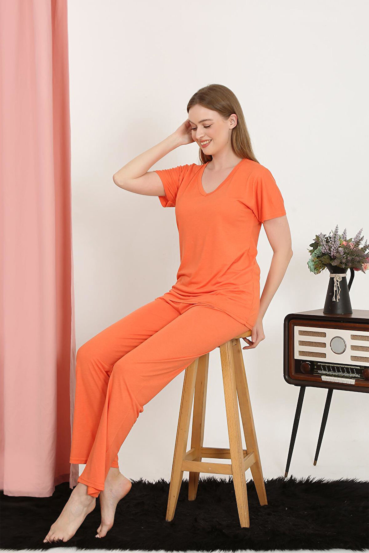 Kadın Kısa Kol Pamuk Penye Pijama Takım Turuncu 4213