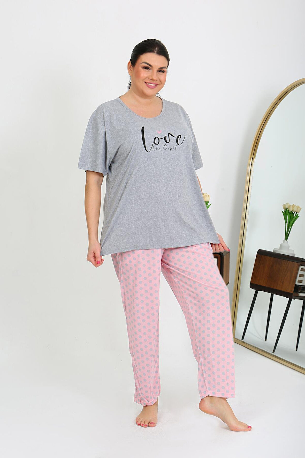 Kadın Büyük Beden Kısa Kol Penye Pijama Takımı Gri 202408