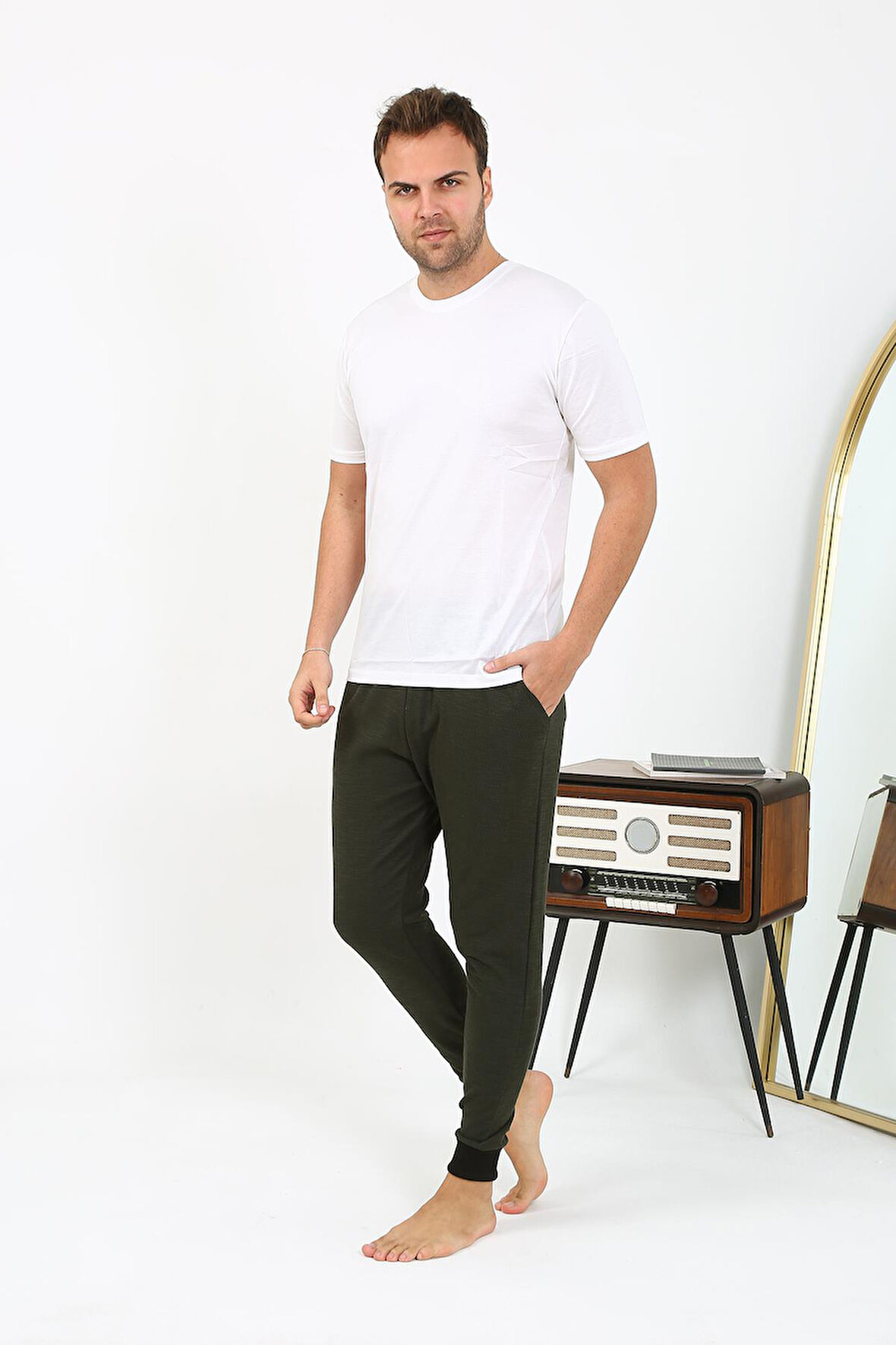 Erkek Pamuk Tek Alt Pijama Haki 27551
