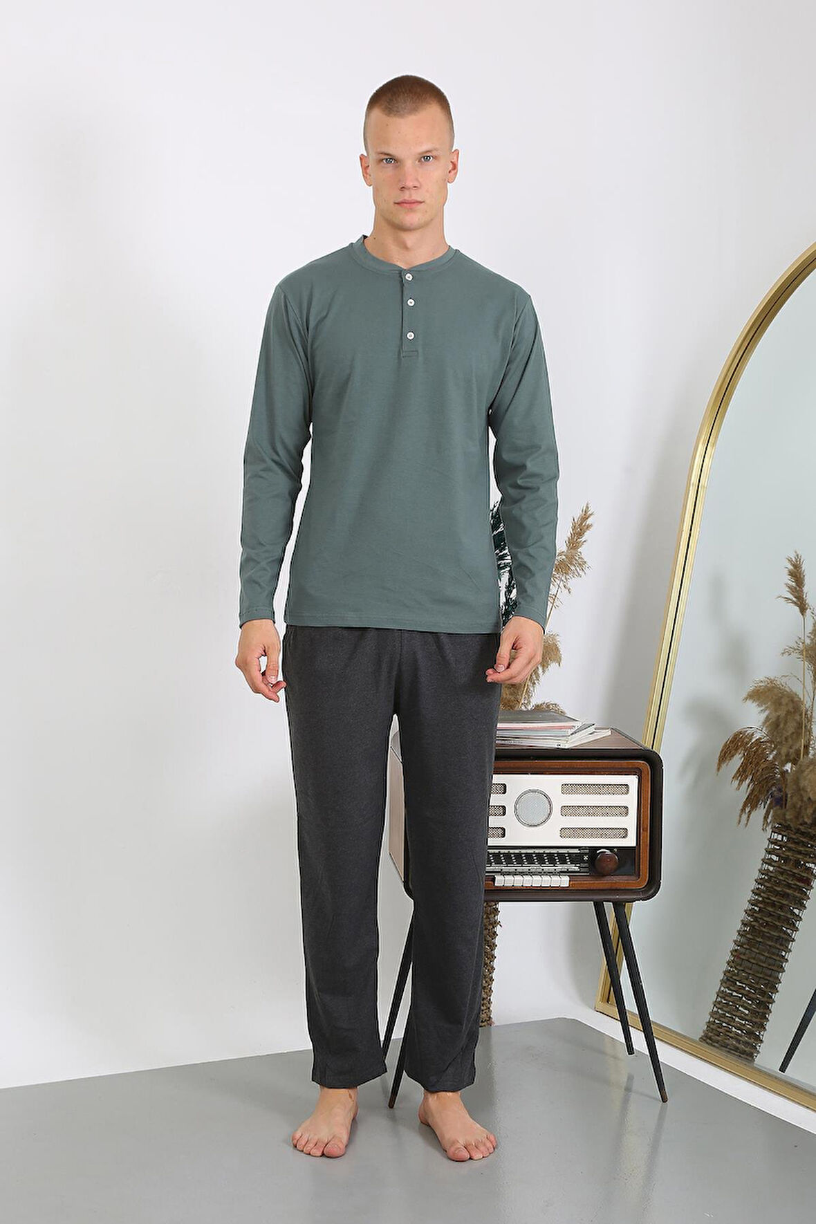 Erkek Penye Uzun Kol Pijama Takımı 6860 Haki