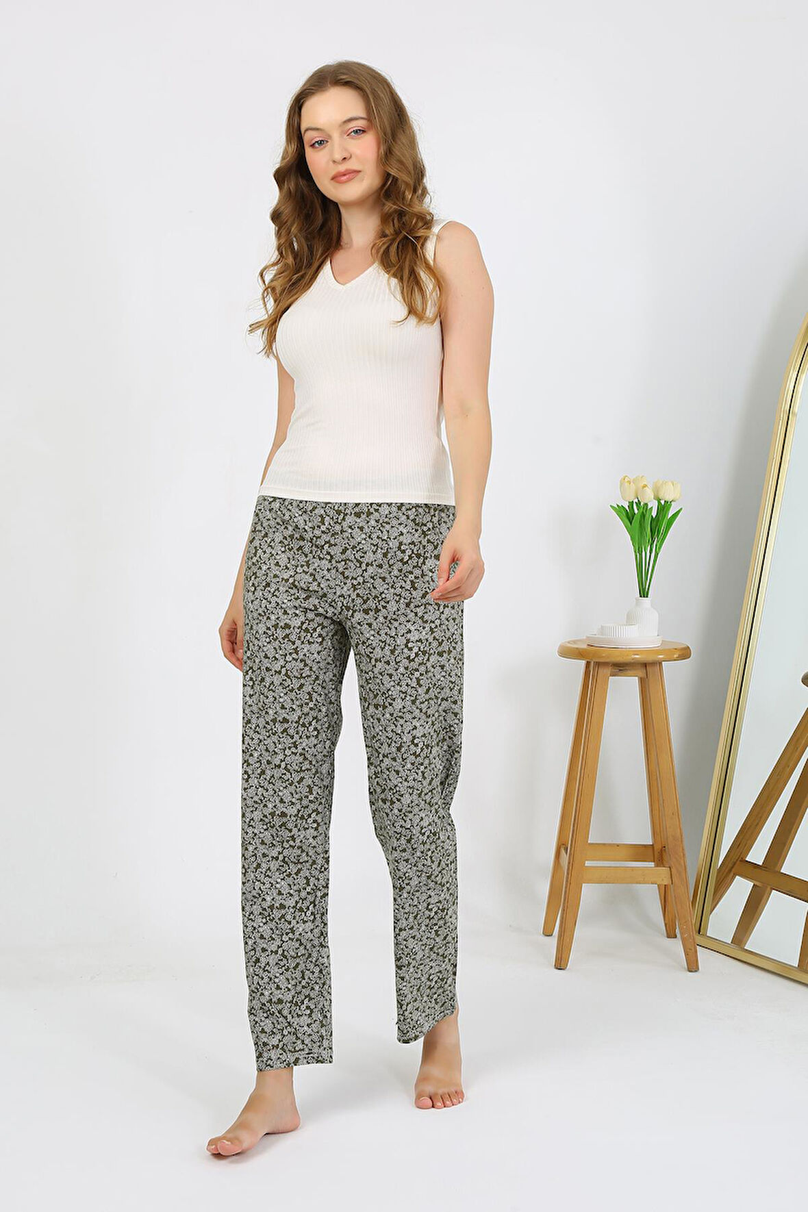 Kadın Penye Desenli Tek Alt Pijama 27533 Haki