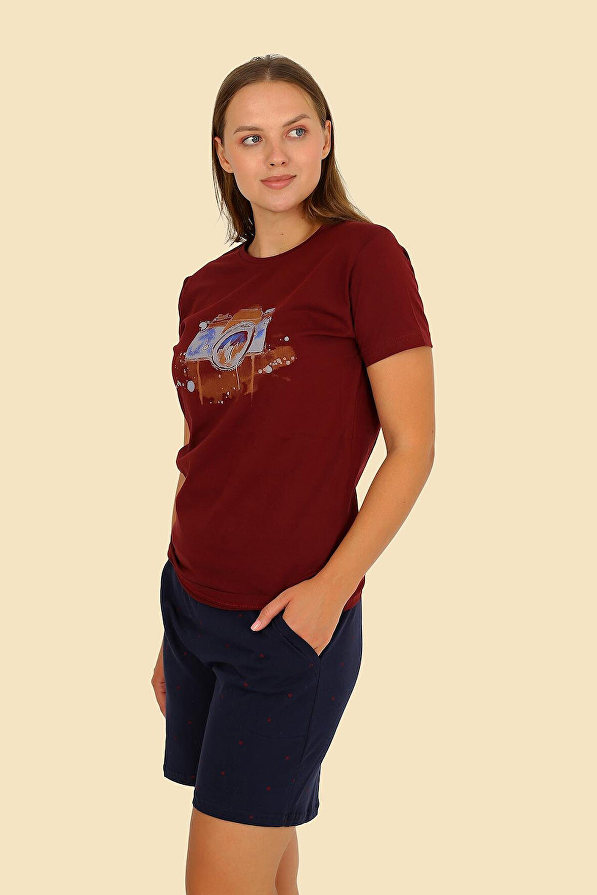 Kadın Şortlu Kısa Kol Penye Pijama Takım Bordo 3622