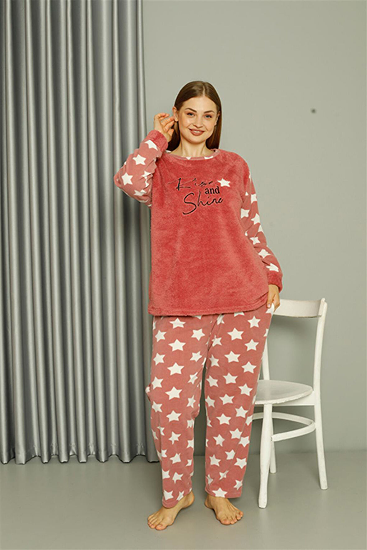 Welsoft Polar Kadın Büyük Beden Pudra Pijama Takımı 808042
