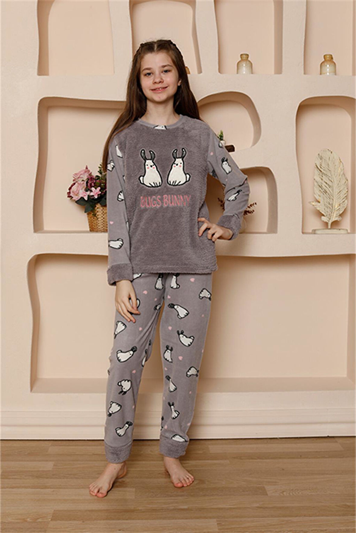 Kız Çocuk WelSoft Polar Gri Pijama Takımı 20524