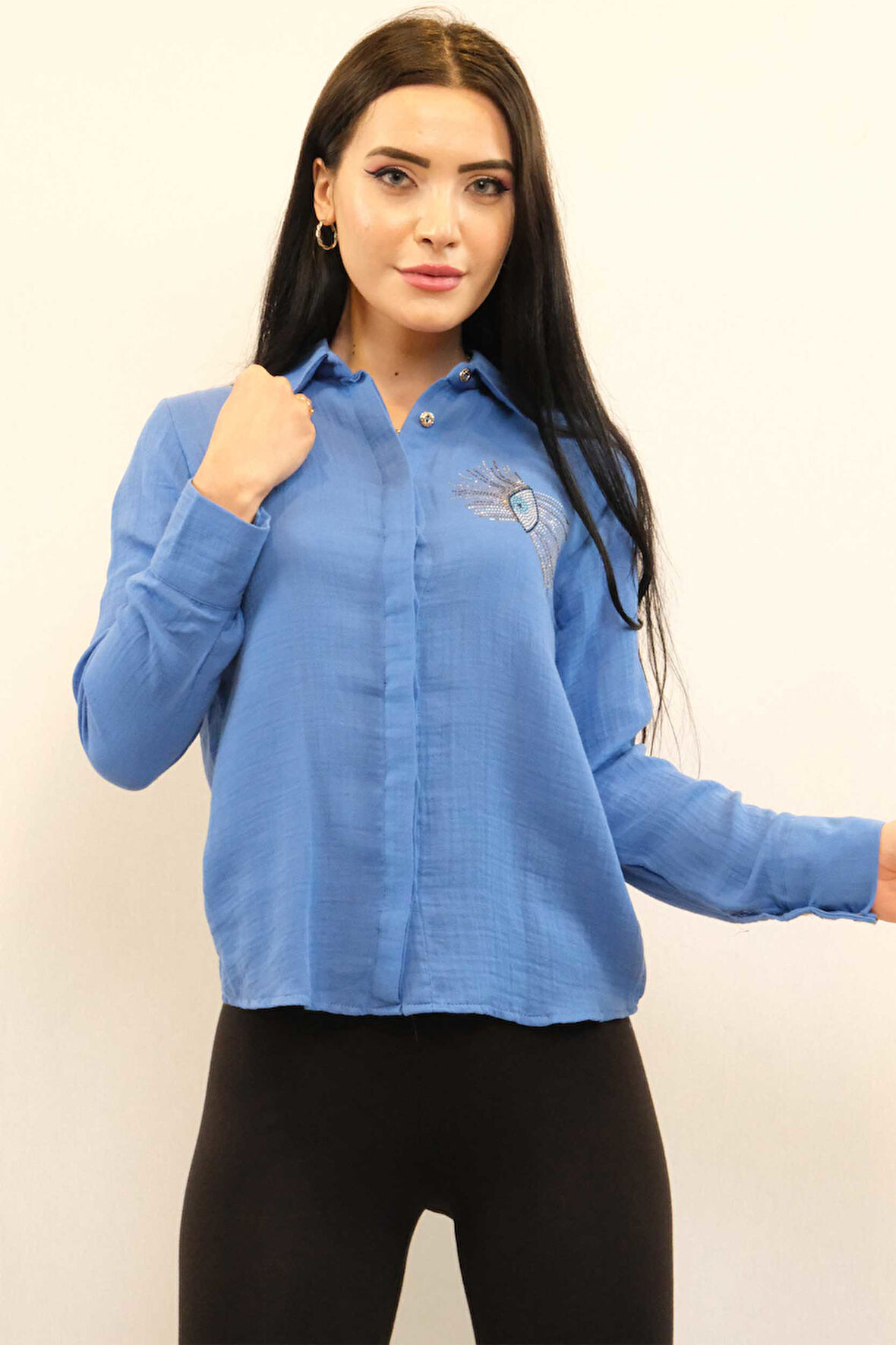 Taşlı  Keten Gömlek MC2301 İndigo