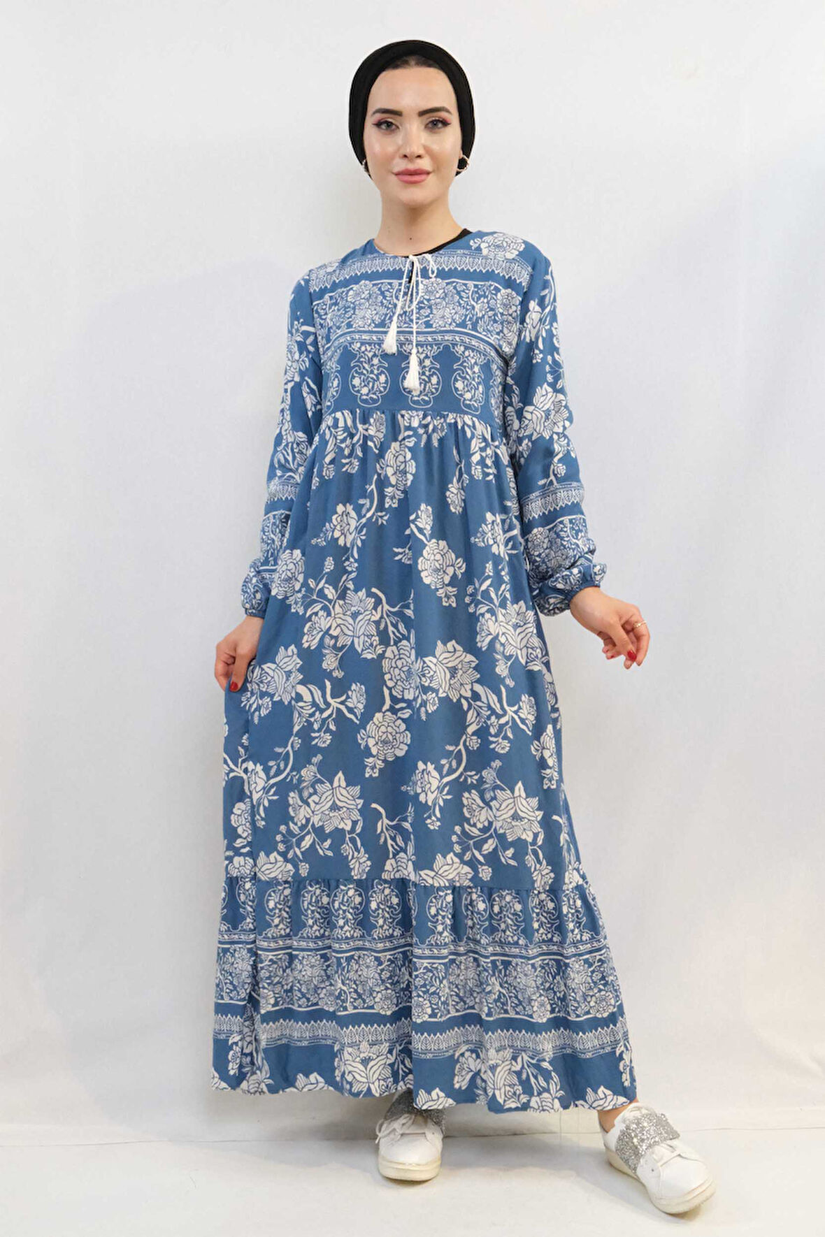 Vintage Desen Elbise Mavi