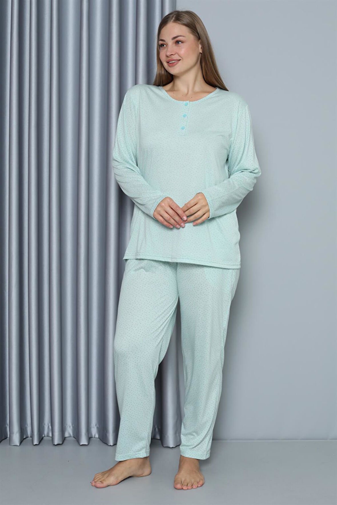 Kadın Büyük Beden Penye Uzun Kol Pijama Takım 202212