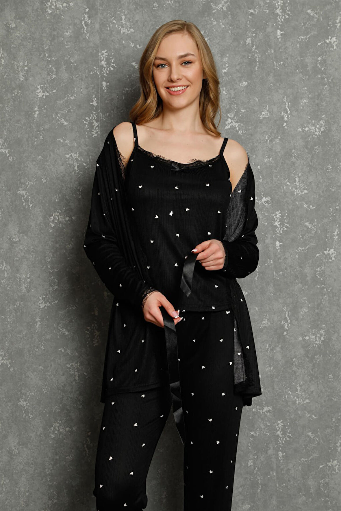 Kadın %100 Pamuk 3'lü Sabahlık Pijama Takım 16103