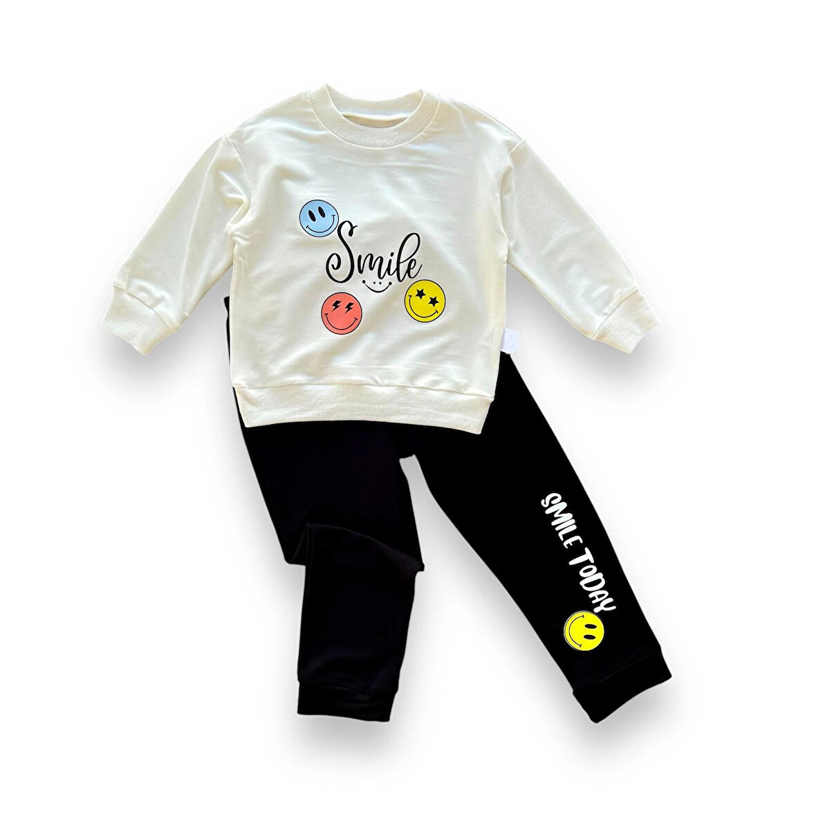 6-9-12-18 Ay Emoje Baskılı Pamuk Penye Kumaş Erkek Bebek Takımı Siyah