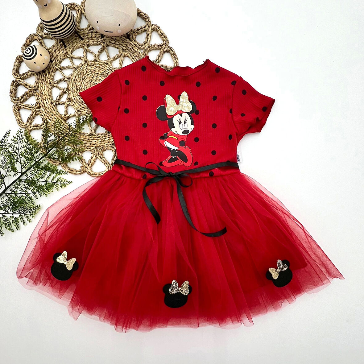 2-3-4 Yaş Puantiyeli Mickey Baskılı Kurdela Kuşaklı Astarlı Kız Bebek Tütü Elbisesi Kırmızı