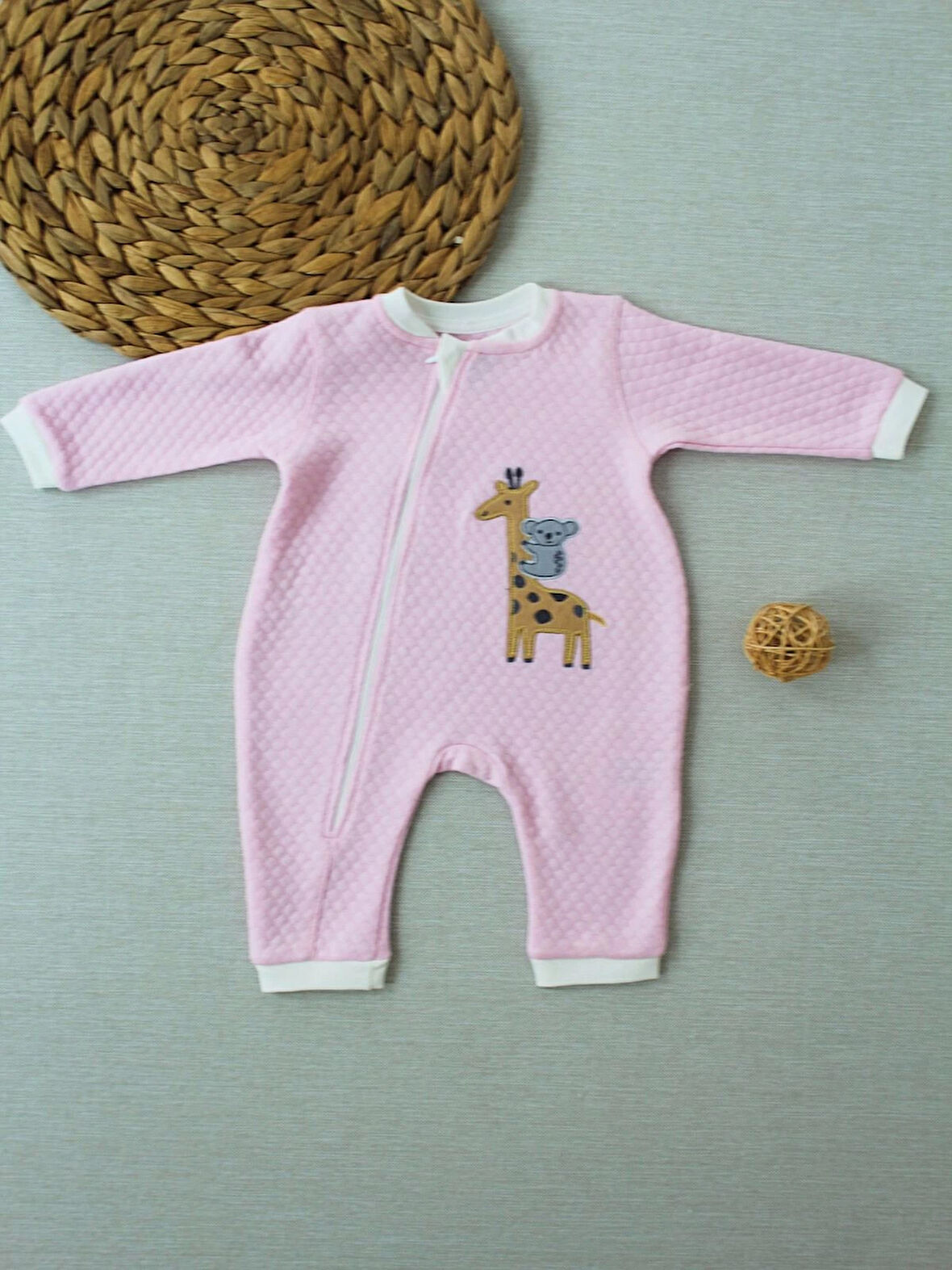 6-9 12-18 18-24 24-36 Ay Animal Nakışlı Bal Peteği Kumaş Es Fermuarlı Kız Bebek Tulumu Pembe