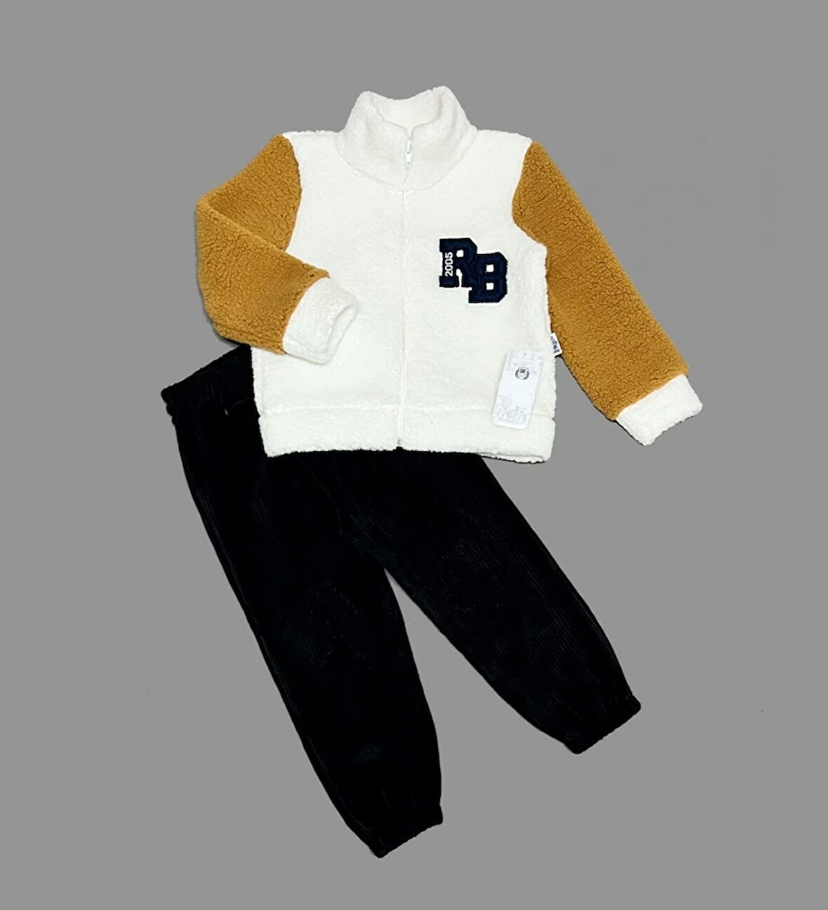 1-2-3 Yaş Kuzu Kumaş Fermuarlı Sweat Kadife Pantolonlu Uzun Kollu Kız Erkek Çocuk 2li Takım Siyah