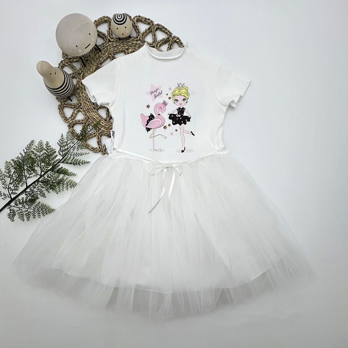 5-6-7 Yaş Flamingo Balerin Kız Baskılı Kurdela Kuşaklı Astarlı Kız Çocuk Tütü Elbise Beyaz