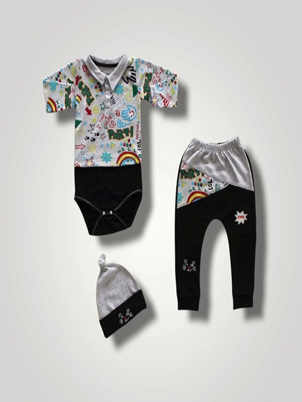 6-9 12-18 18-24 Ay Power Kedi Nakışlı Uzun Kollu Zıbınlı Şapkalı 3lü Kız Erkek Bebek Takımı Siyah