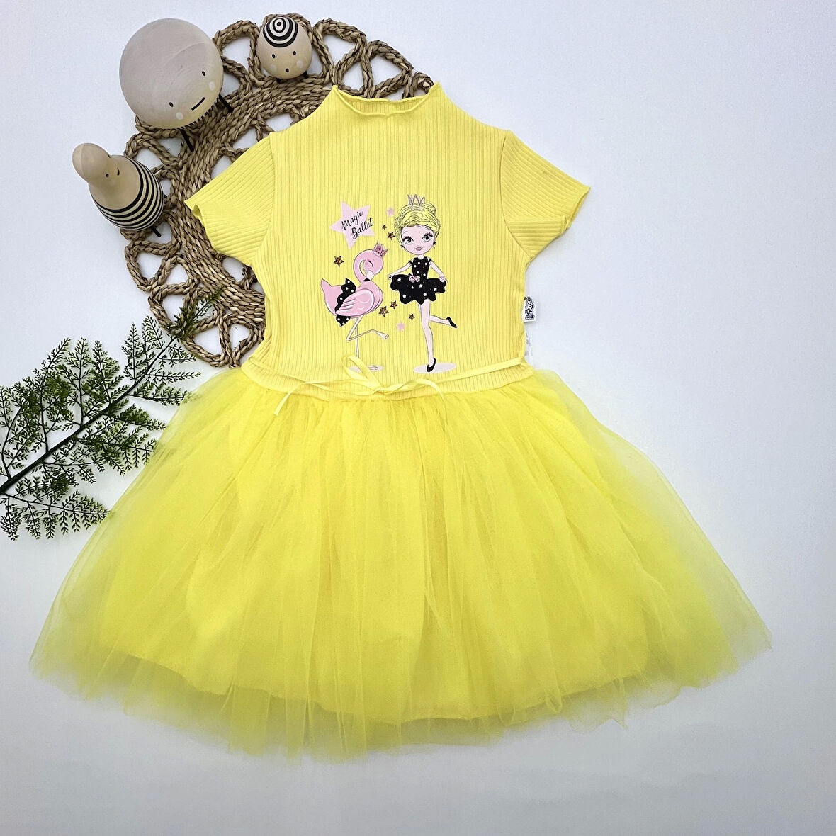 5-6-7 Yaş Flamingo Balerin Kız Baskılı Kurdela Kuşaklı Astarlı Kız Çocuk Tütü Elbise Sarı