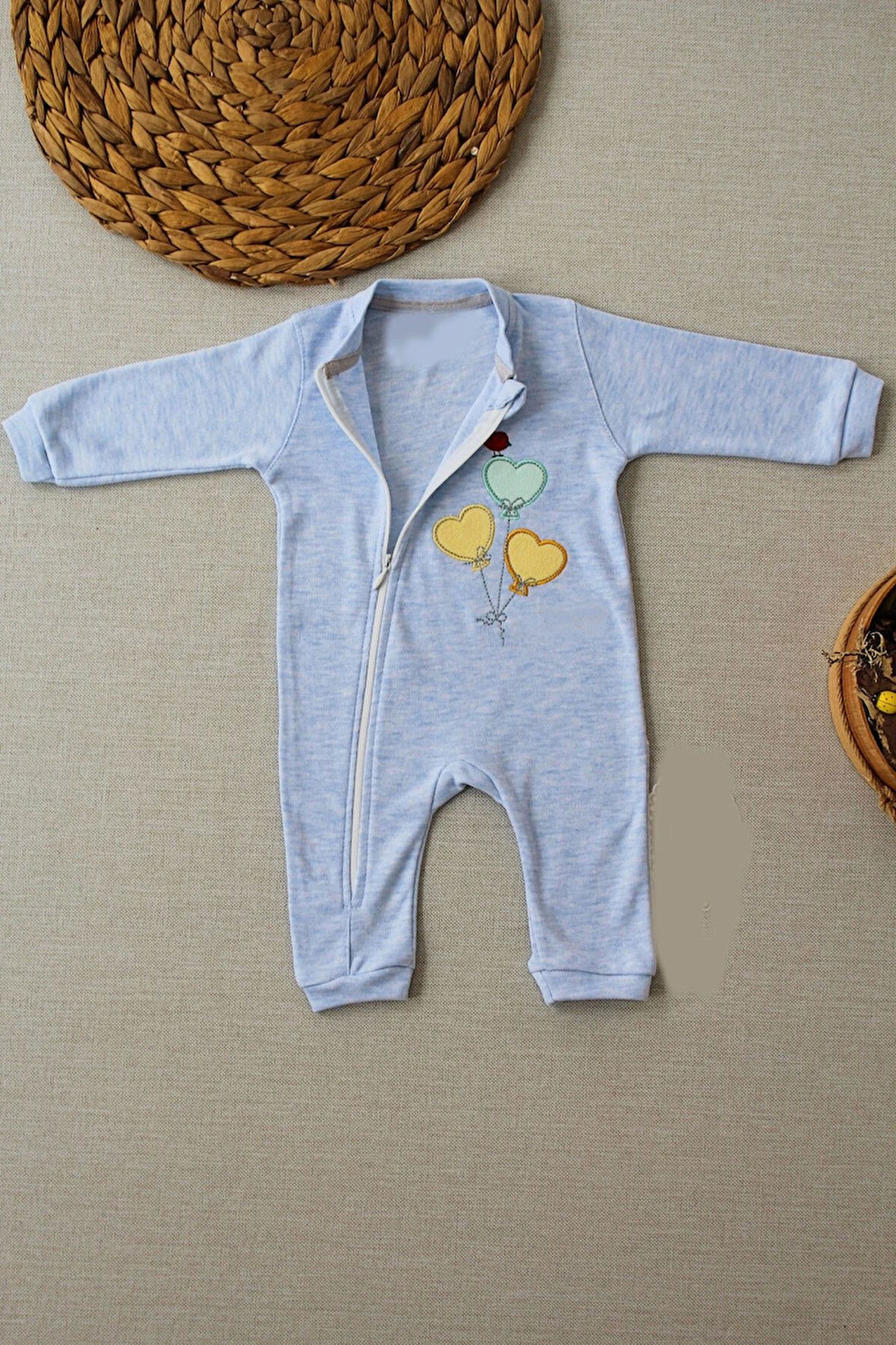 3-6 18-24 24-36 Ay Uçan Balonlar Nakışlı Ef Boy Fermuarlı Erkek Bebek Tulumu Mavi