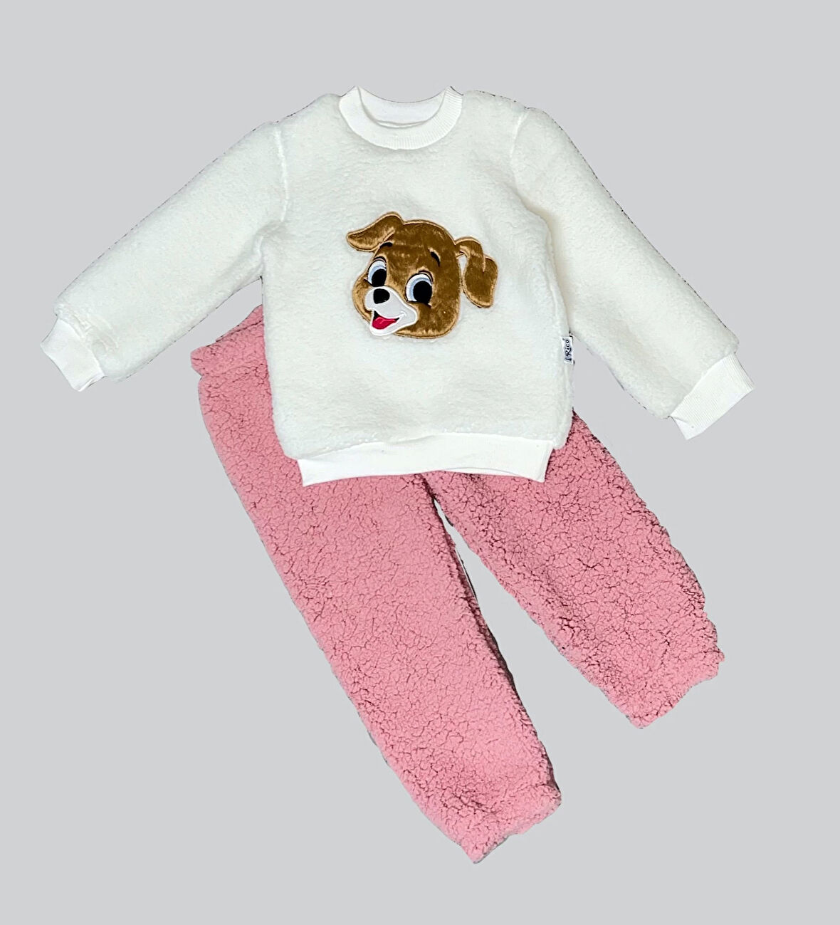 1-2-3 Yaş Mutlu Köpekcik Nakışlı Kuzu Kumaş Sweat Patili Pantolon Uzun Kollu Kız Erkek 2 Li Takımı Gül Kurusu