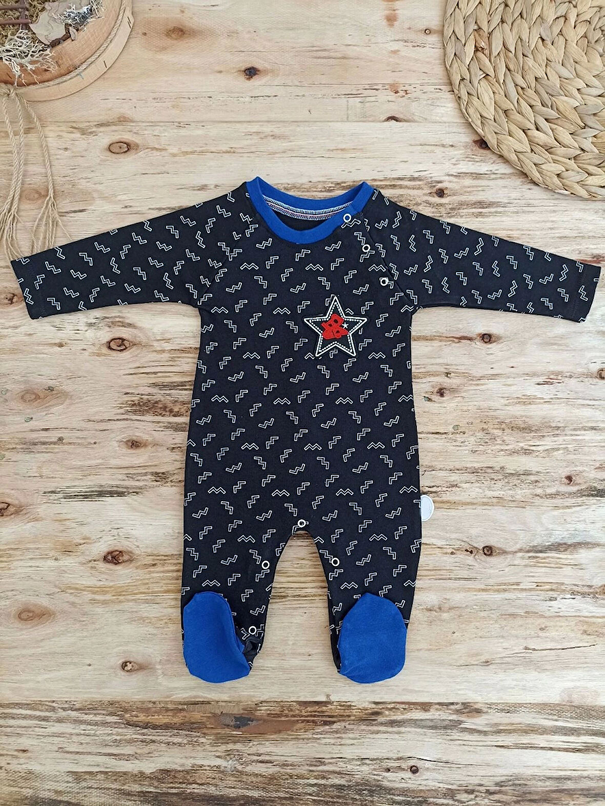 0-3 3-6 6-9 Ay Star Baby Baskılı Çıt Çıt Kapama Erkek Bebek Tulum Siyah