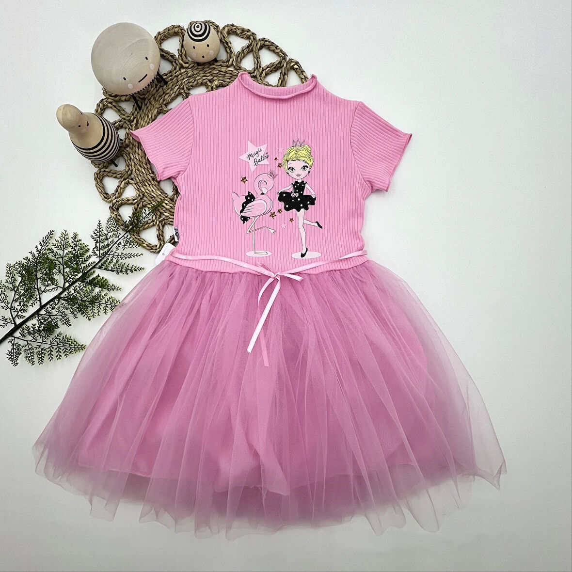5-6-7 Yaş Flamingo Balerin Kız Baskılı Kurdela Kuşaklı Astarlı Kız Çocuk Tütü Elbise Pembe