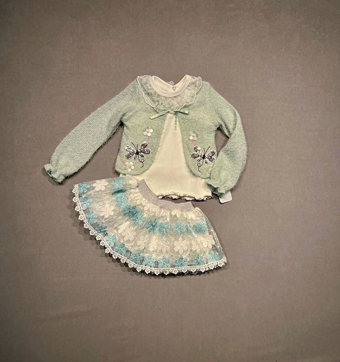 1-2-3 Yaş Brode Etekli Örme Hırkalı Uzun Kollu Sweat 3lü Kız Çocuk Takımı Su Yeşili