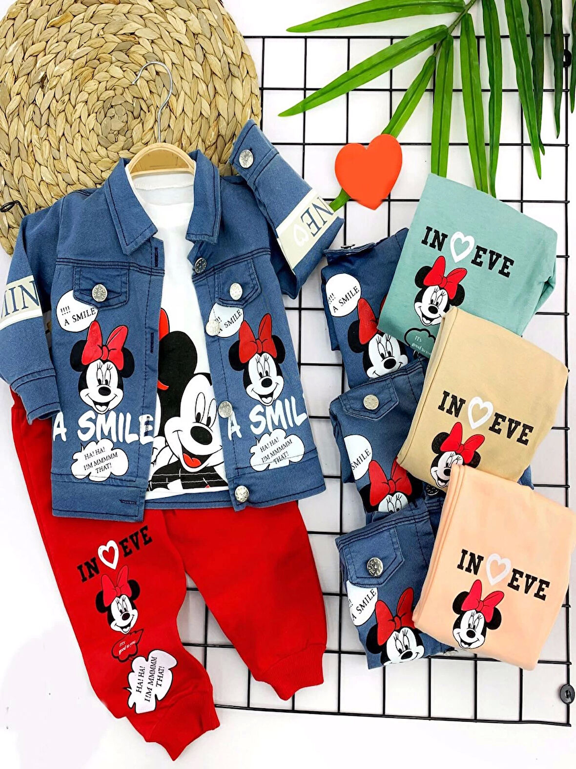 9-12-18-24 Ay Kot Ceketli Bayan Mickey Baskılı 3lü Kız Bebek Takımı Su Yeşili