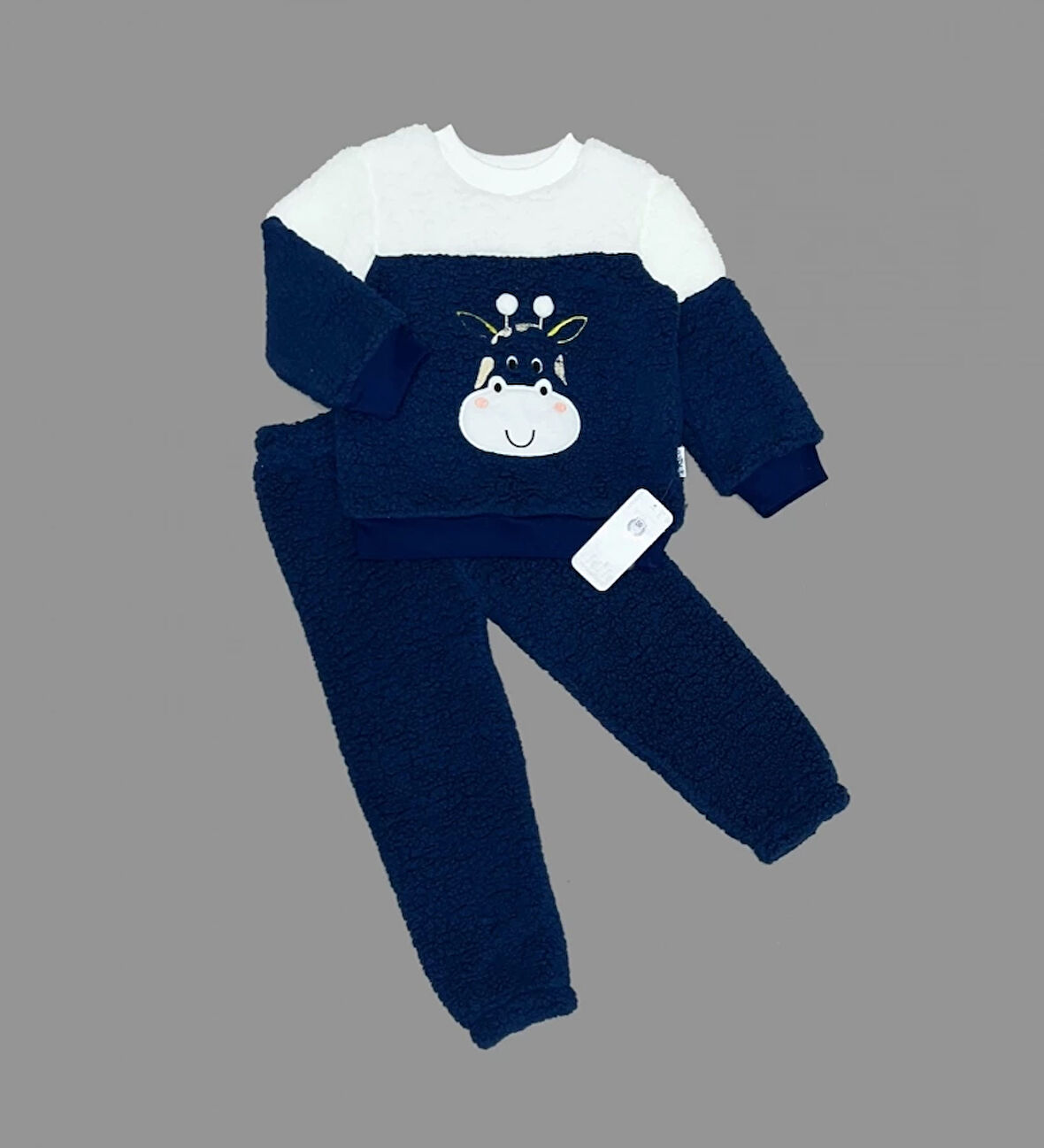 1-2-3 Yaş Ponponlu Zürafa Desenli Kuzu Kumaş Uzun Kollu 2li Kız Erkek Çocuk Takımı Lacivert