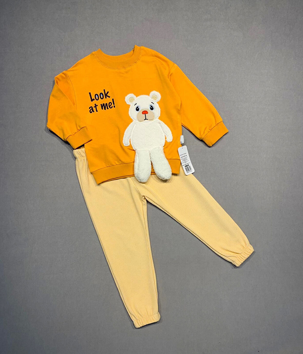 2-3-4 Yaş Ayıcık Sallanan Ayak Desenli Likra Penye Kumaş Sweat Pantolonlu Kız Erkek 2li Çocuk Takımı Turuncu