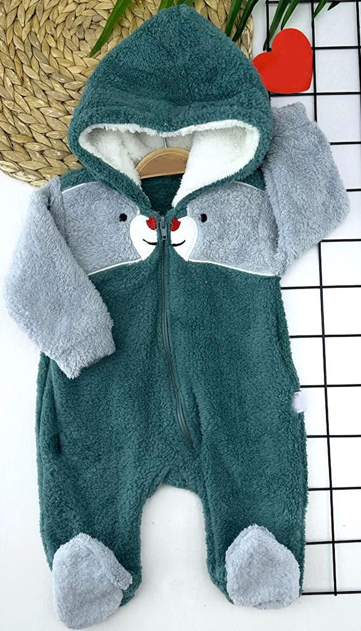 6-9-12-18 Ay Boydan Fermuarlı Welsoft Tüylü Kumaş Kapşonlu Patikli Kız Erkek Bebek Tulumu Petrol Mavisi