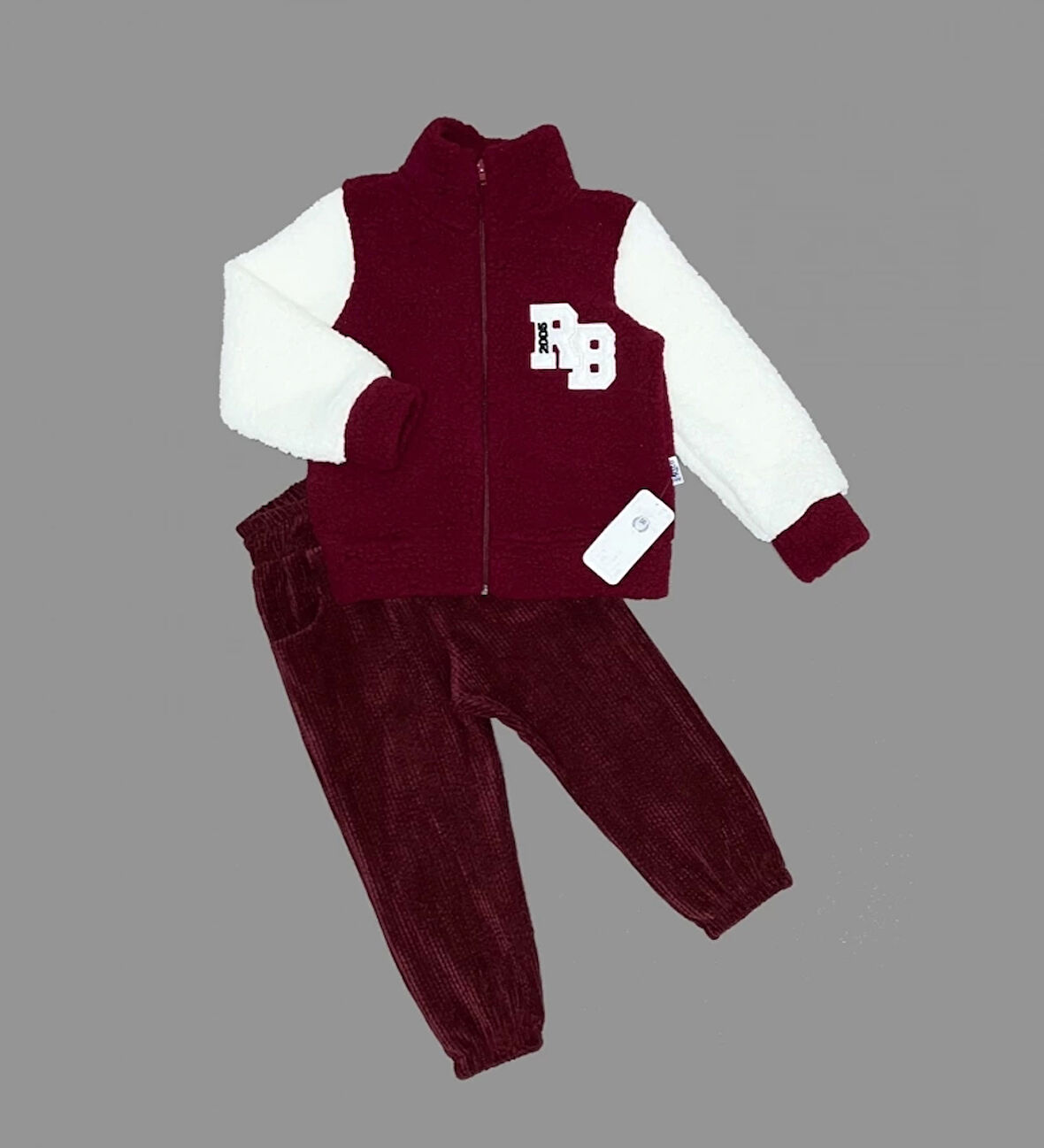1-2-3 Yaş Kuzu Kumaş Fermuarlı Sweat Kadife Pantolonlu Uzun Kollu Kız Erkek Çocuk 2li Takım Bordo