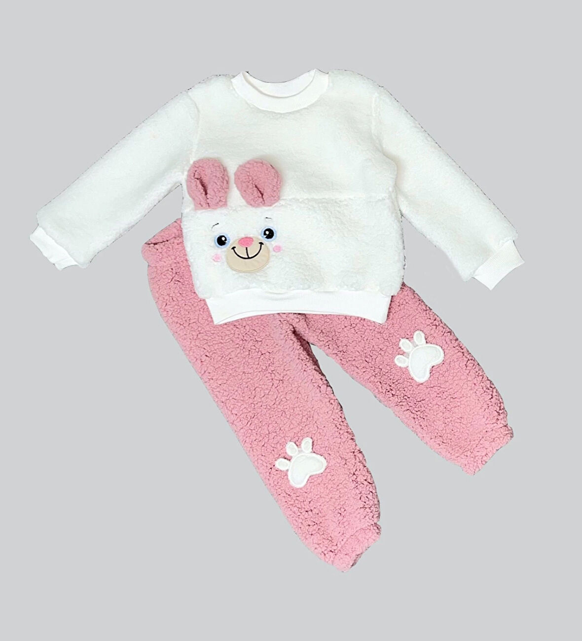 1-2-3 Yaş Kulaklı Patili Ayıcık Kuzu Kumaş Sweat Patili Pantolon Uzun Kollu Kız Erkek 2 Li Takımı Gül Kurusu
