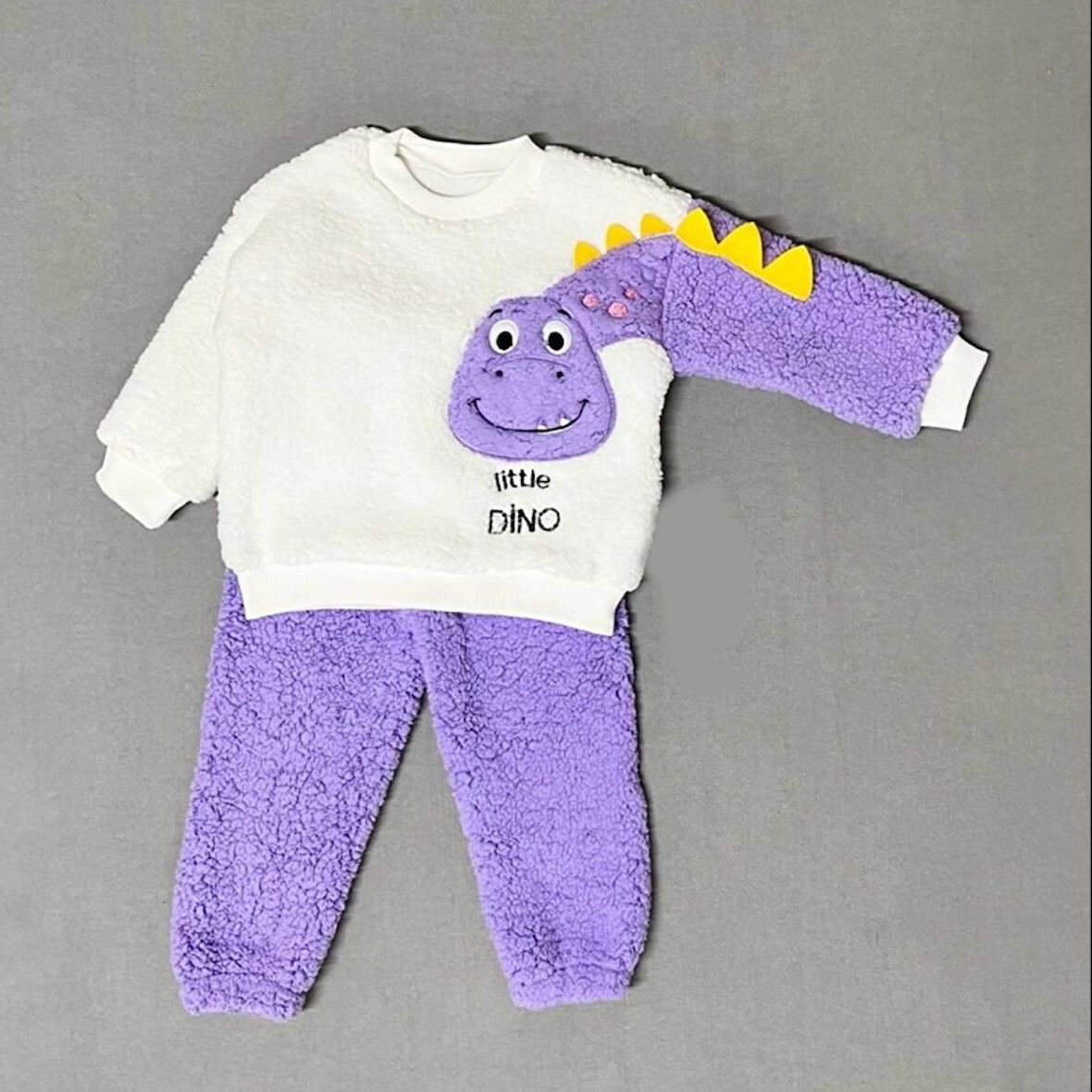 1-2-3 Yaş Minik Dino Kollu Kuzu Kumaş Sweat Pantolon Uzun Kollu Kız Erkek 2 Li Takımı Lila