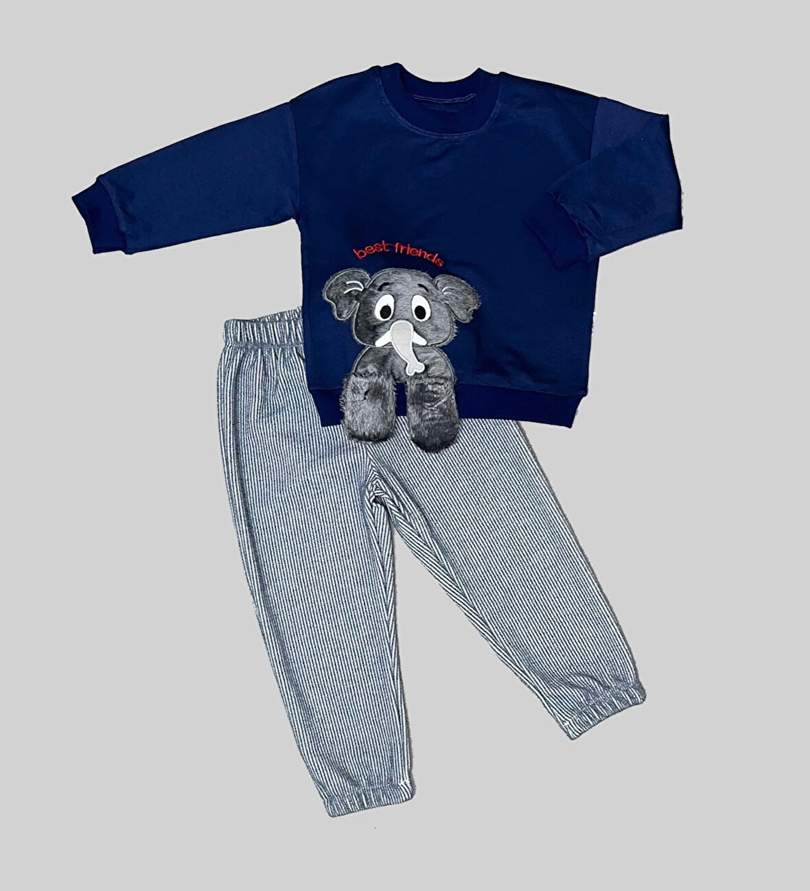 1-2-3 Yaş Filli Sallanan Ayak Desenli Likra Penye Kumaş Sweat Pantolonlu Kız Erkek 2li Çocuk Takımı Lacivert