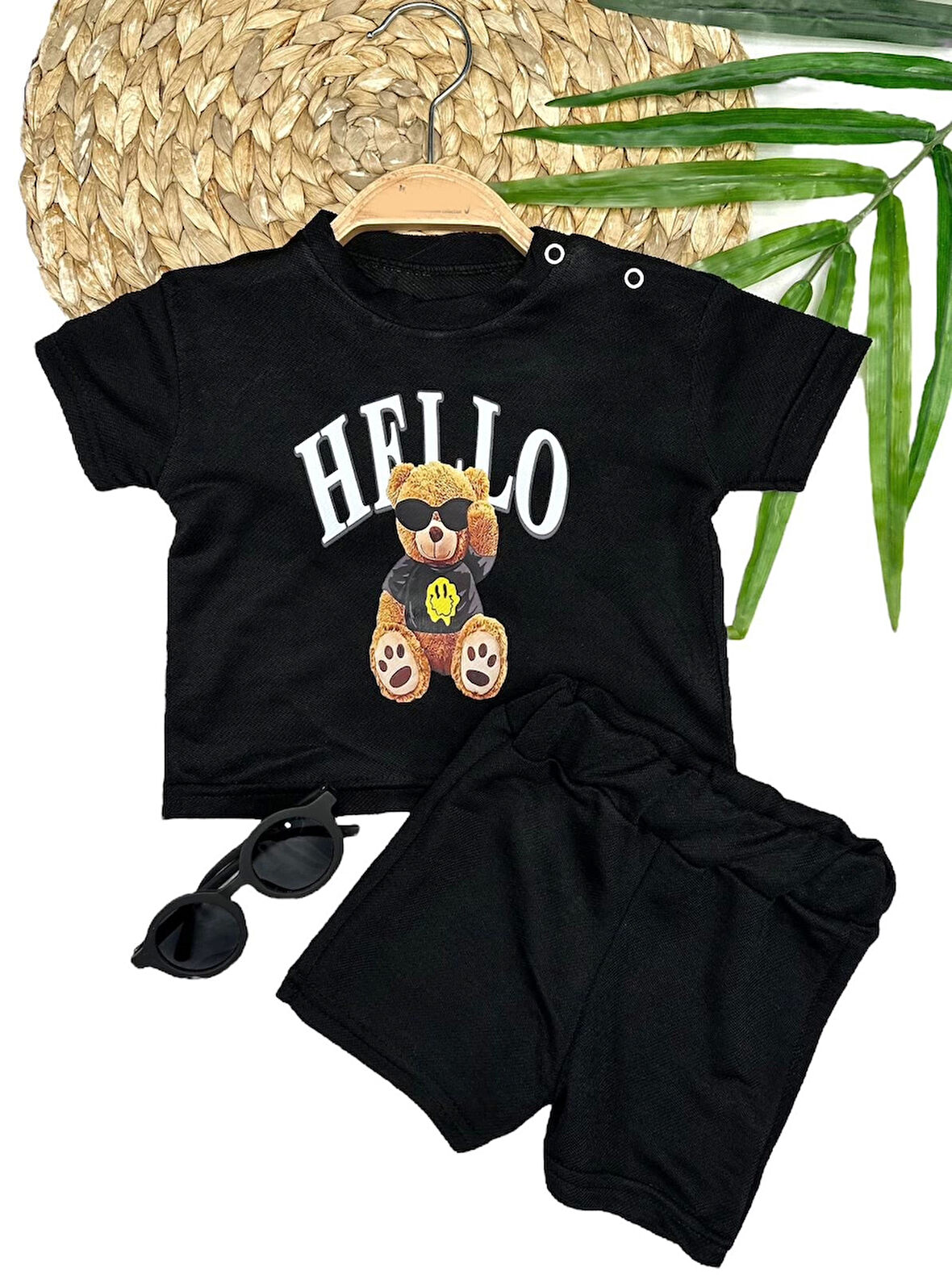 9-12-18-24 Ay Hello Gözlüklü Ayıcık Baskılı Şortlu Kısa Kollu Tişört 2li Erkek Bebek Takımı