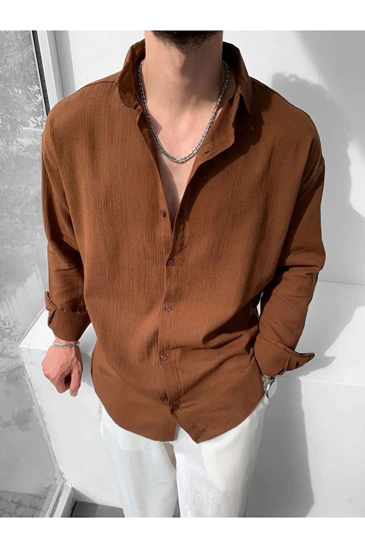 Erkek Oversize Uzun Kollu Yazlık Keten Gömlek