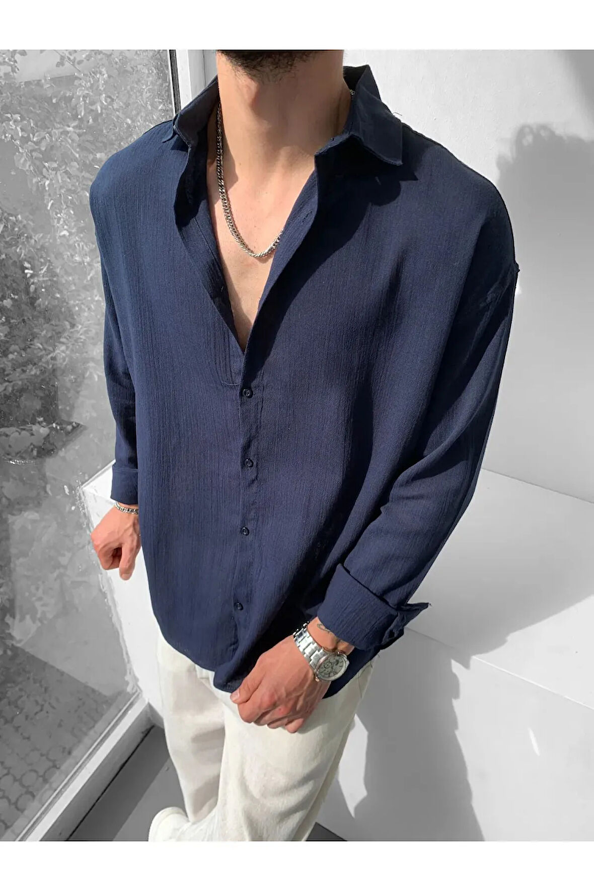 Erkek Oversize Uzun Kollu Yazlık Keten Gömlek