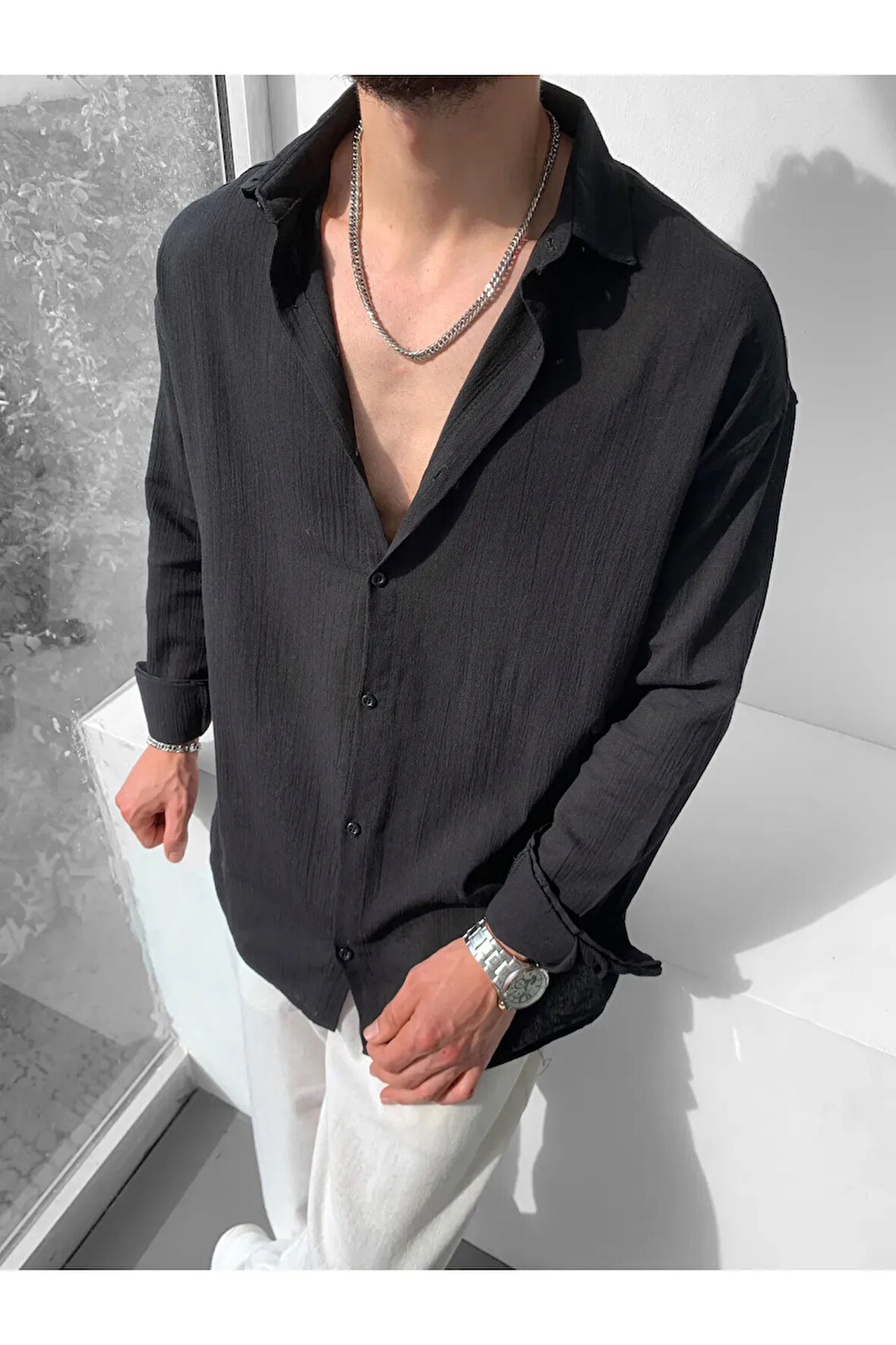 Erkek Oversize Uzun Kollu Yazlık Keten Gömlek