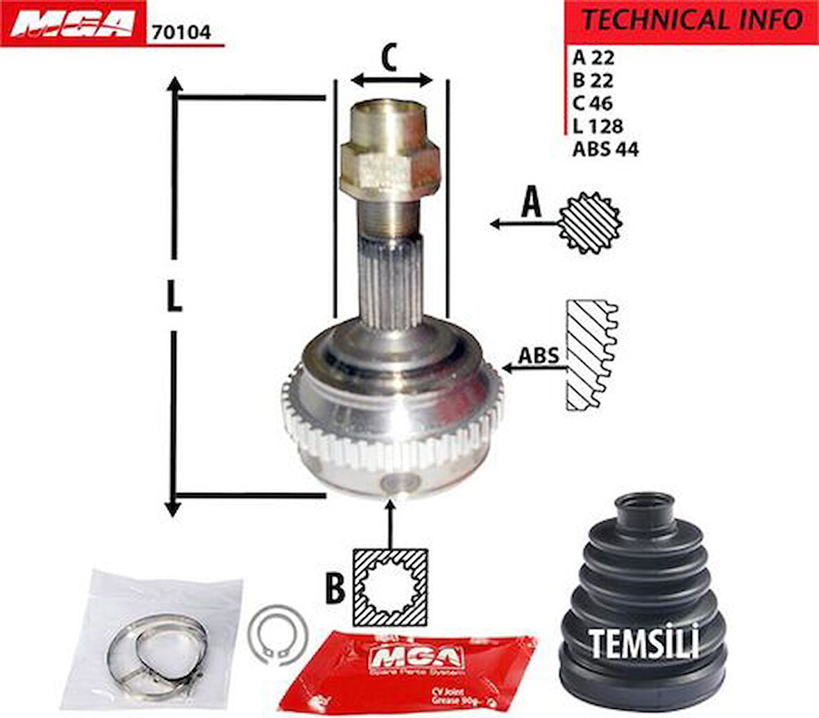 MGA 70104 Aks Kafası Diş-Brava-Bravo 95-98 ABS'li 1.6 16V Otomatik Vites 22x22x45 46307107