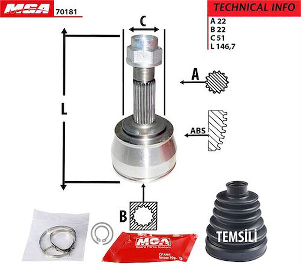 MGA 70181 Aks Kafası Diş FIA T Doblo 1.2 8V 1.9D 01 22x22x50 46308205