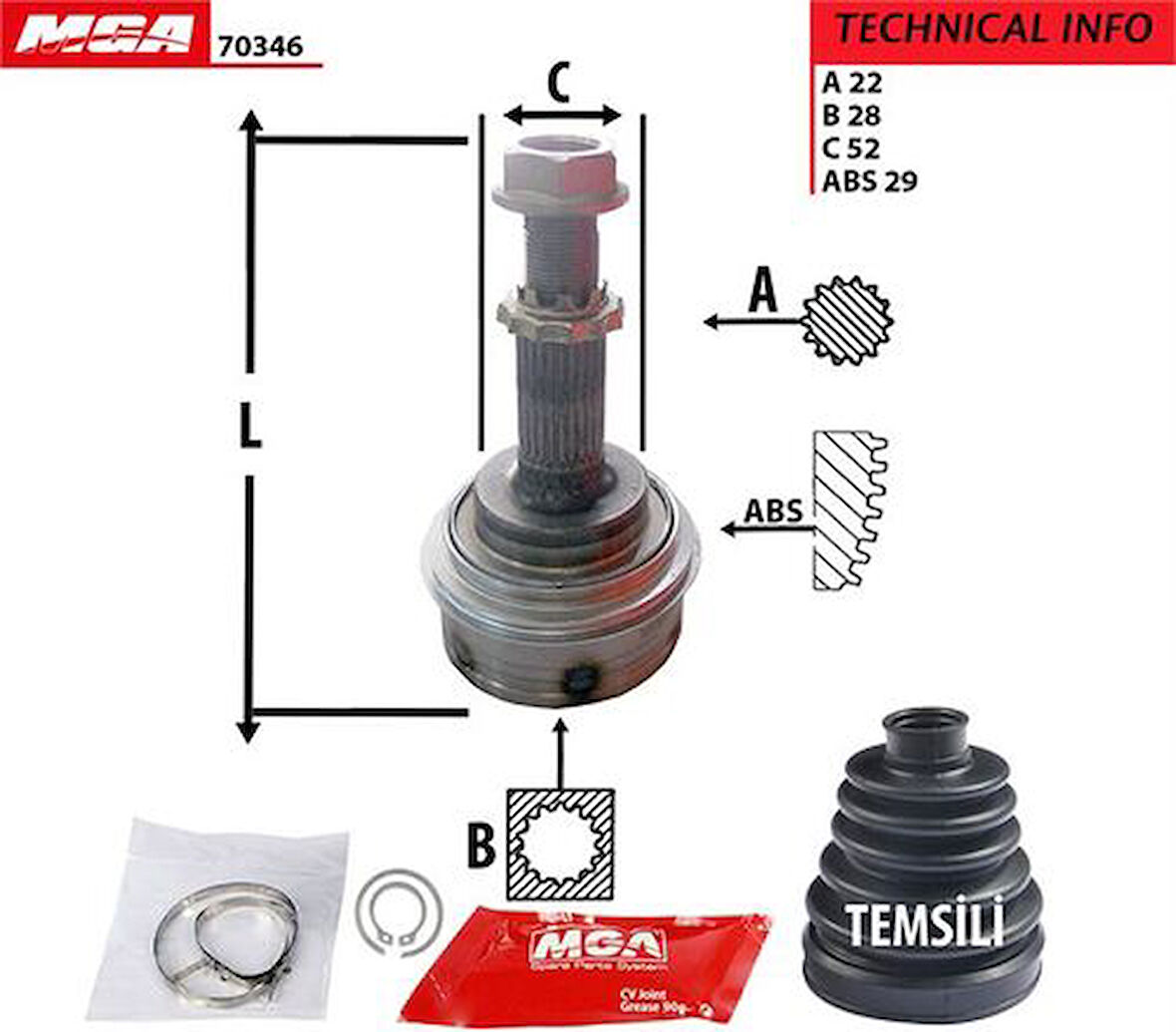MGA 70346 Aks Kafası Diş ABS'li Corsa C 1.3 B Combo 93-Tigra 1.4 94-Meriva 03-22x28x51 374218