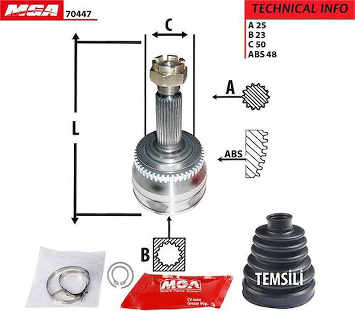 MGA 70447 Aks Kafa Diş ABS'li Getz 03-10 1.5 CRDI Dizel 4 Cyl Era 1.5 Dizel ABS'li 25x23x50XABS-47 495001C550