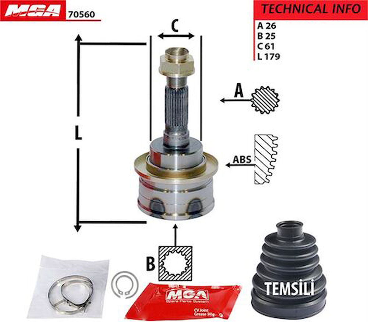 MGA 70560 Aks Kafa Diş-Mazda B2500 02-Ranger 02-26x25x60 2M353B437AA