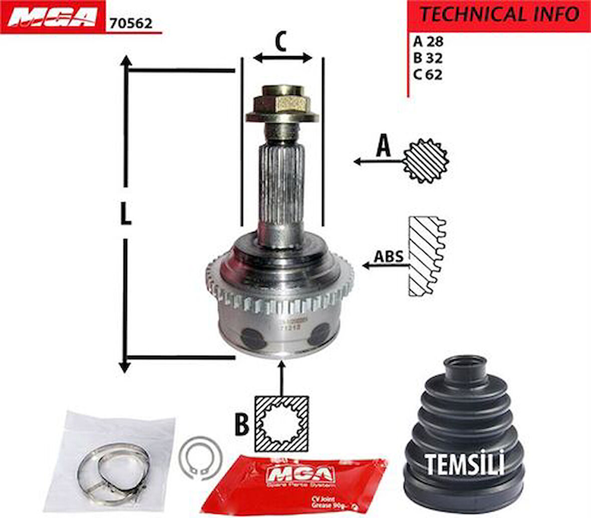 MGA 70562 Aks Kafa Diş-ABS'li Mazda-6 03-10 2.0 28x32x62XABS-43 