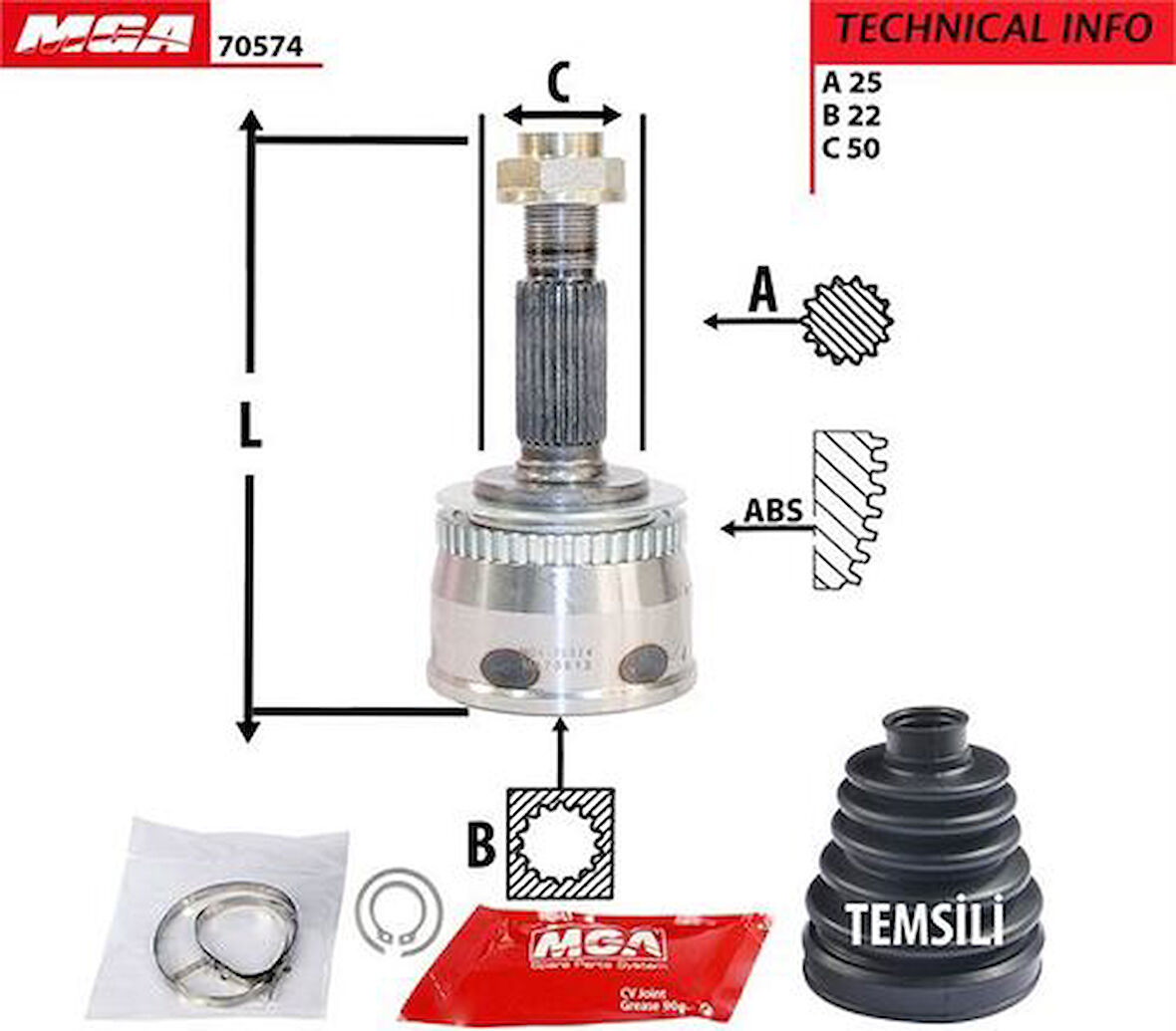 MGA 70574 Aks Kafa Diş ABS'li Kia Cerato 04-10 1.6 Benzinli 25x22x49 