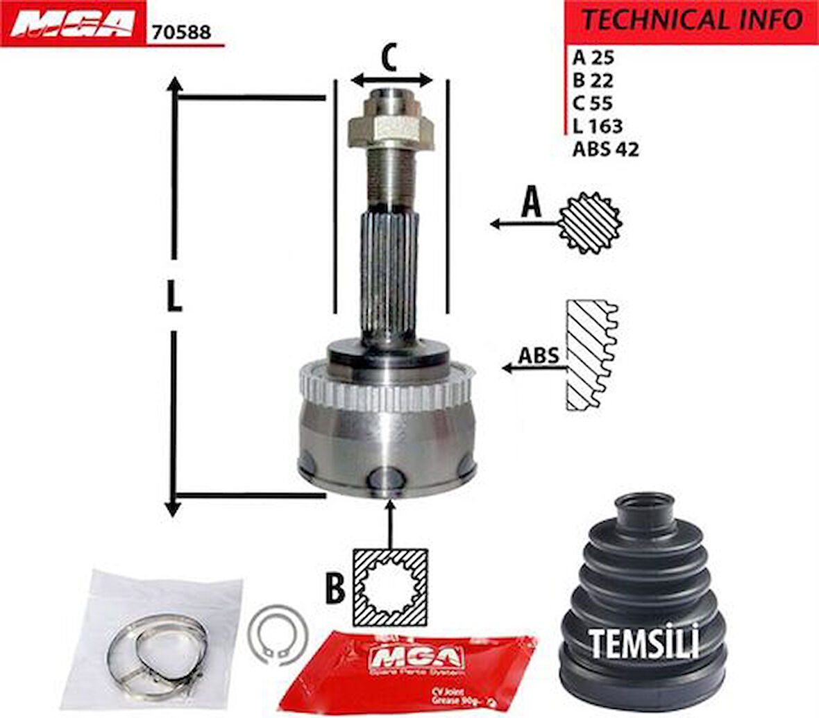 MGA 70588 Aks Kafa Diş ABS'li Nissan Almera 00-06 1.5 Benzinli 25x22x55XABS-41 3910052Y10