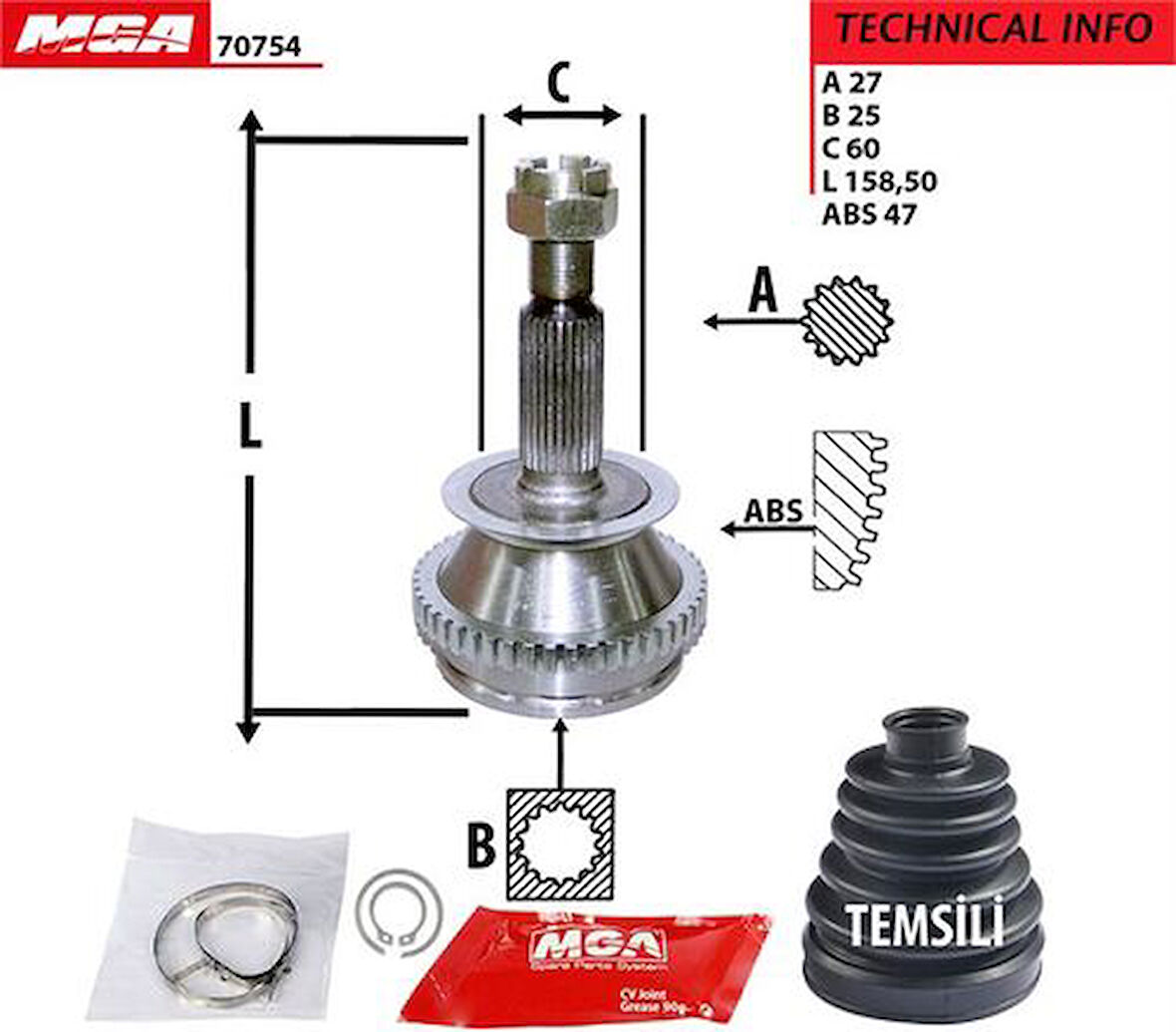 MGA 70754 Aks Kafa Diş-ABS'li Sonata 98-05 2.0 16V 27x25x60XABS-46 495013A210